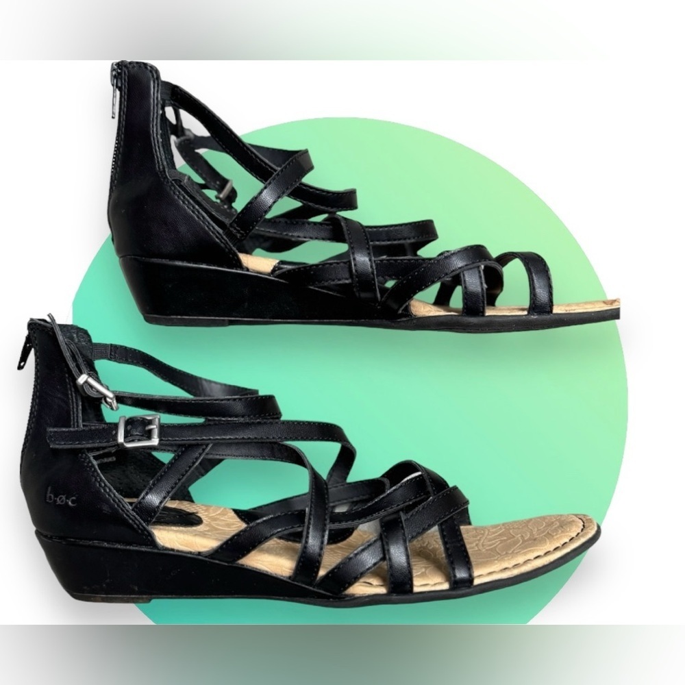 BOC Womens Mimi 1” wedge strappy sandal black w/ beige sole women’s US 9M​​